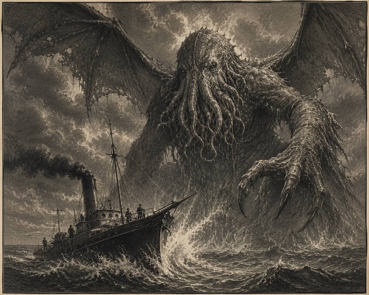 Engraved plate of the yacht Alert driven head-on against rising Cthulhu, the squid-head with writhing feelers towering over the bowsprit in a stormy sea