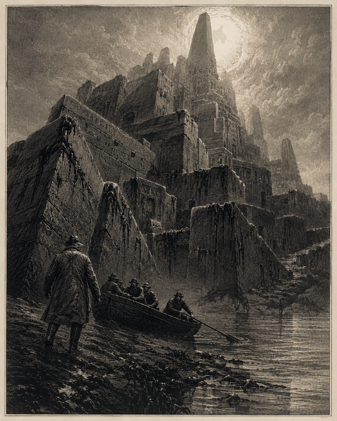 Engraved plate of R'lyeh risen from the sea: sailors landing at a mud-bank beneath tilted Cyclopean blocks and a monolith-crowned citadel of impossible angles