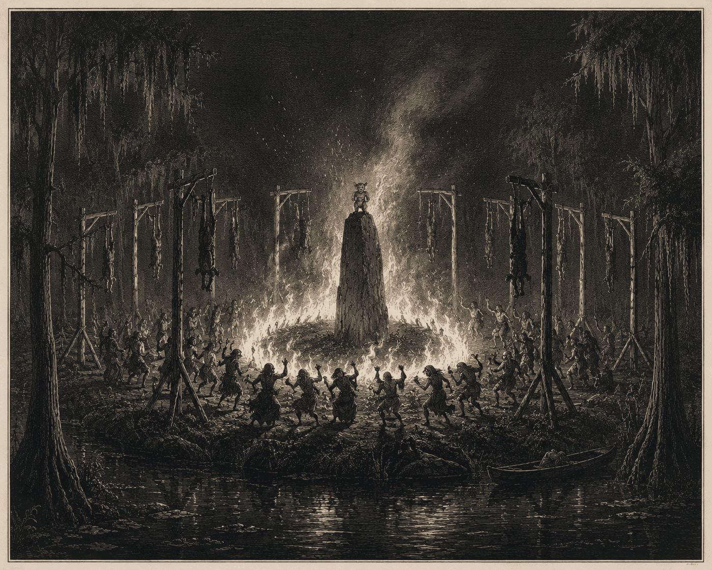 Engraved plate of the swamp ritual: worshipers writhing around a ring-shaped bonfire and an eight-foot monolith on a grassy island, bodies hanging from a circle of scaffolds