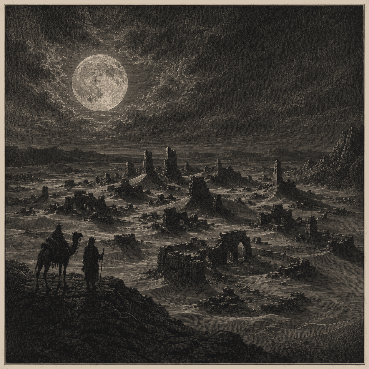 Engraved plate of the nameless city under the moon: broken walls and shapeless ruins protruding from desert sands beneath a huge low moon, watched from a dark ridge by a tiny traveler with a camel