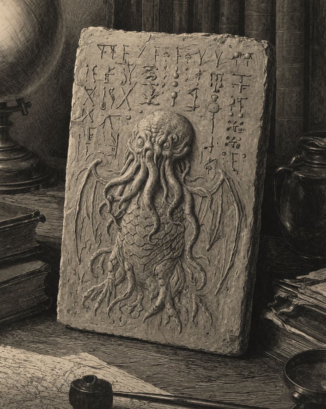 Engraved plate of the Wilcox bas-relief: a clay tablet bearing a pulpy tentacled head on a scaly winged body over rows of unknown hieroglyphics