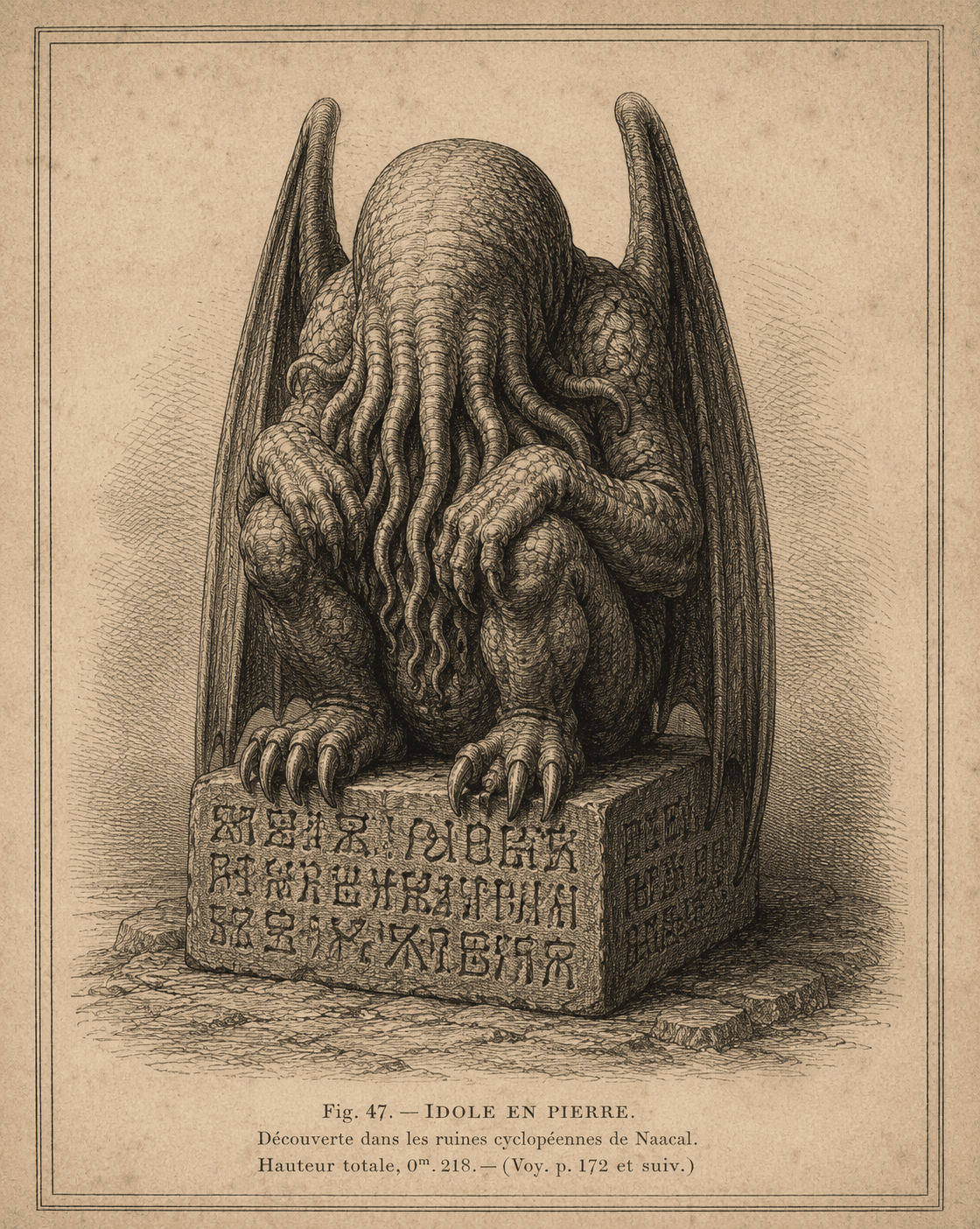 Engraved plate of the Cthulhu idol: a winged anthropoid monster with a tentacled head bent forward, crouching on a hieroglyphed stone pedestal