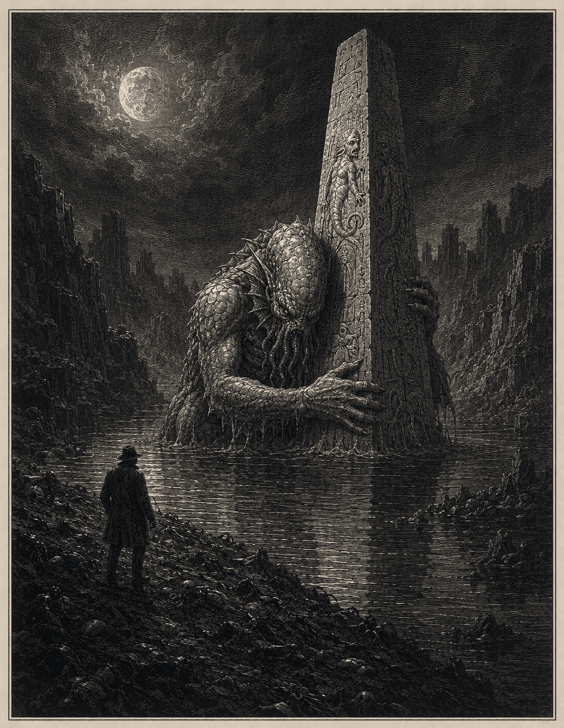 Engraved plate of the monolith rite: a vast scaly sea-thing flung about a carved white monolith rising from dark water in a moonlit chasm, watched by a lone tiny figure on the slimy slope