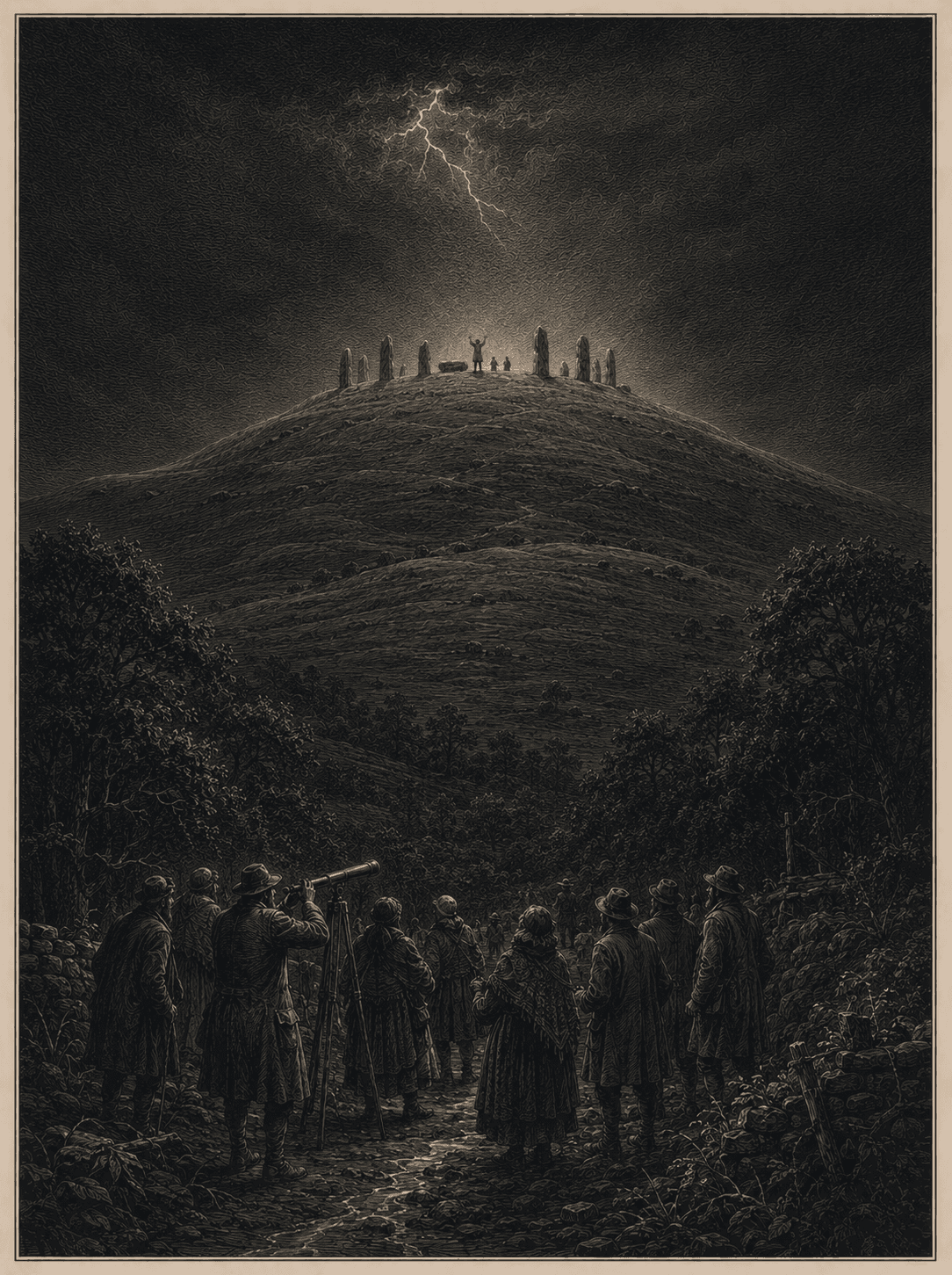 Engraved plate of the spell on Sentinel Hill: tiny figures among standing stones on a bare summit, the middle one with arms raised under a stroke of lightning, watched from the shadowed road below by a huddled crowd with a telescope — and nothing visible where the horror is
