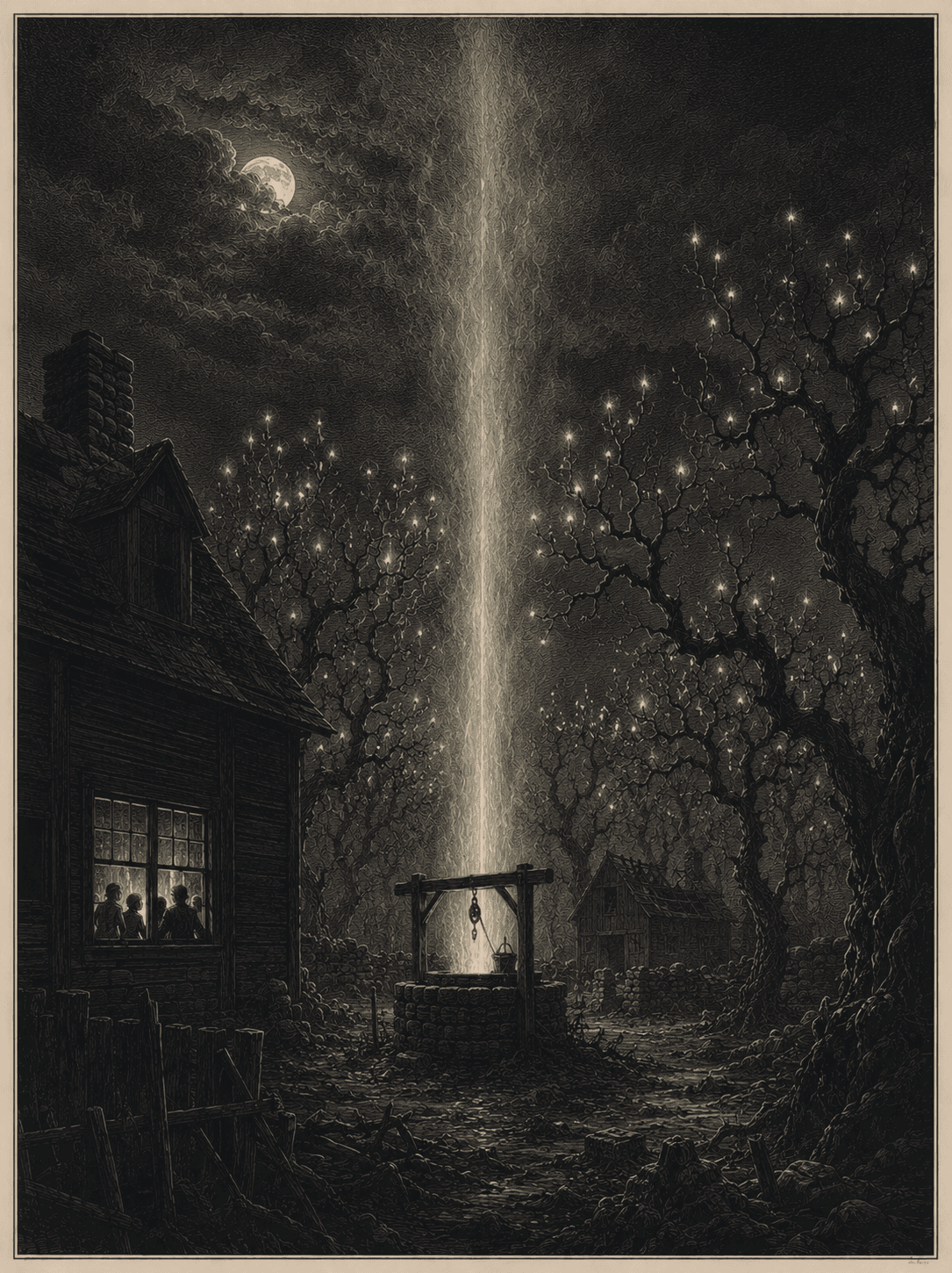 Engraved plate of the blasted farmyard at night: a shaft of pale light rising from the stone well while twisted trees claw at the sky, every bough tipped with points of radiance, watchers crowded at a lit farmhouse window