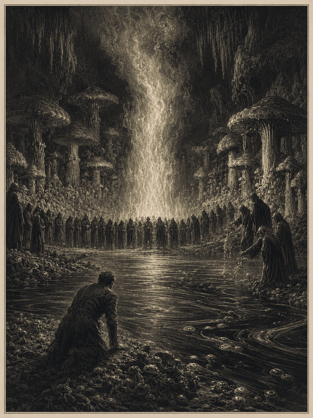 Engraved plate of the Yule-rite: a cavern of titan toadstools where hooded figures ring a belching column of cold flame beside an oily river, watched by a lone man fallen to his knees